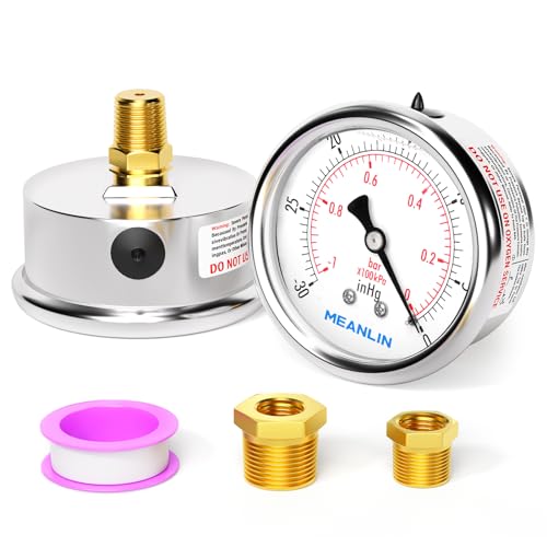 MEANLIN MEASURE -30inHG~0Psi Stainless Steel 1/4" NPT 2.5" FACE DIAL Vacuum Pressure Gauge, Center Back Mount, with 1/2" NPT and 3/8" NPT Hex Bushing - size: -30inHG-0Psi