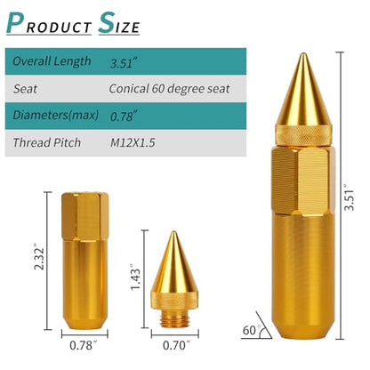 M12x1.5 Spikes Lug Nuts 20pcs 60mm Aluminum Wheel Nuts - color: Gold