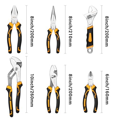 6PCS Pliers Set, 10" Water Pump Plier 8" Slip Joint/Linesman/Long Nose Plier 6" Diagonal 8" Adjustable Wrench | Premium CR-V Tools with Storage Bag for Home Repair, Workshop & DIY Professional Use