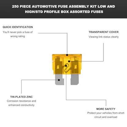 250PCS Car Fuses Assortment Kit, Low Profile Mini Blade Fuses (5A 7.5A 10A 15A 20A 25A 30A), Low Tall/STD Box Shaped Assorted Fuse, Automotive Fuses Kit for Car, Truck, RV, Boat