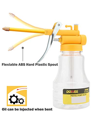 DOWELL Pistol Pump Oiler Lubrication Oil Gun 9.5oz 280ml Plastic Bottle with Straight Flexibal Spout Transparent HY050202 - size: 9.5 oz