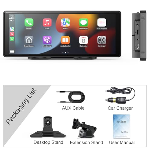 10" Wireless CarPlay Screen for Car Android Auto Portable Car Stereo Touch Screen AirPlay, Car Play, GPS Navigation, Bluetooth, Voice Control, Mirror Link