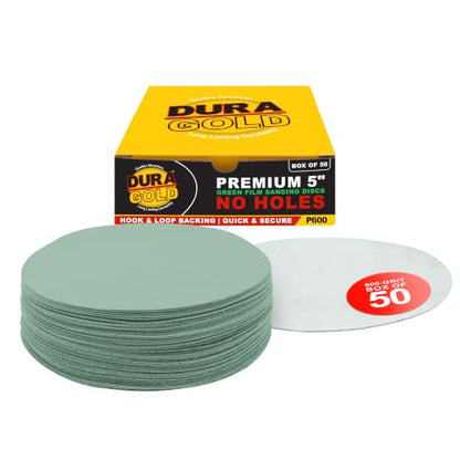 Dura-Gold 5" Green Film Sanding Discs, 600 Grit, Box of 50, Hook & Loop - size: 600-Grit