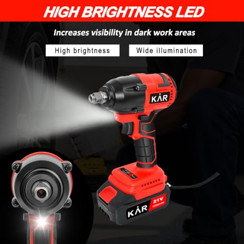 Karramlili 21V Brushless Impact Wrench 650Nm – 1/2" Cordless Impact Gun with 2x 4000mAh Batteries, Variable Speed 0-3000 RPM, 2-in-1 Impact Wrench & Drill, LED Light, Heavy Duty for Truck & Automotive
