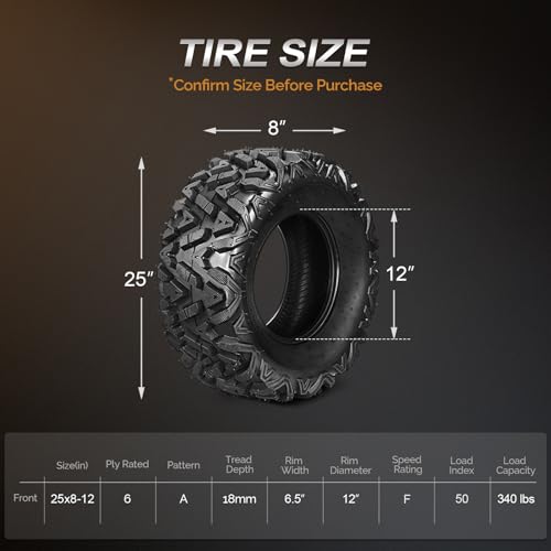TUFFIOM 25x8-12 ATV Tires Set of 2 for All Terrains, Mud Sand Off-road ATV UTV Tire for Trail Vehicles, 6 PR, Deep Tread, Tubeless - size: 25x8-12 (2 pack)
