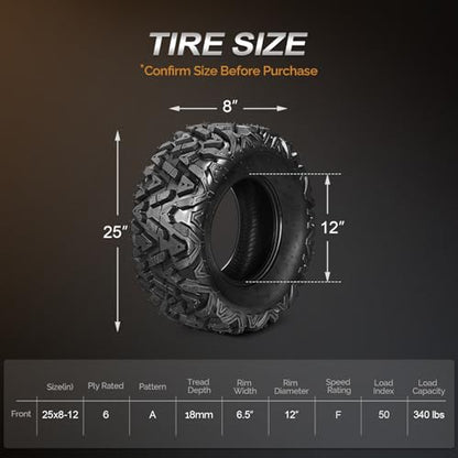 TUFFIOM 25x8-12 ATV Tires Set of 2 for All Terrains, Mud Sand Off-road ATV UTV Tire for Trail Vehicles, 6 PR, Deep Tread, Tubeless - size: 25x8-12 (2 pack)