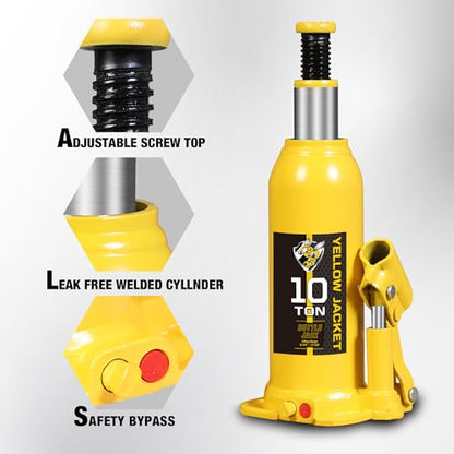 YELLOW JACKET 10 Ton Muti-Directional Welded Bottle Jack (20,000lb), Horizontal Bottle Jacks Use for Car, Pickup, Truck, RV, Auto Repair, Hydraulic Bottle Jack, Yellow - size: 10 ton muti-directional