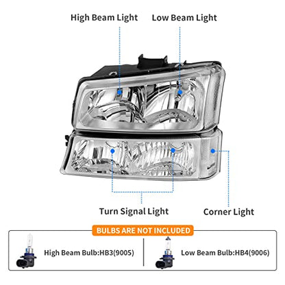 DWVO Headlight Assembly Compatible with 03 04 05 06 Chevy Avalanche Silverado 1500 1500HD 2500 2500HD 3500/07 Chevrolet Silverado Classic Pickup Headlamp (Chrome Housing Clear Reflector Clear Lens) - color: A Chrome Housing Clear Reflector