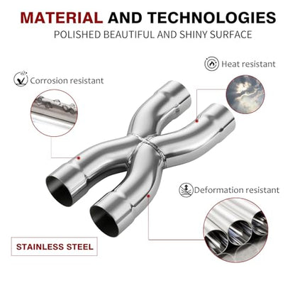 LCGP 2.25" Polished Exhaust X Pipe, Universal 2.25" In/Out Crossover X Pipe 12" Length Stainless Steel Weld-on - size: 2.25 Inch, style: X Pipe-B