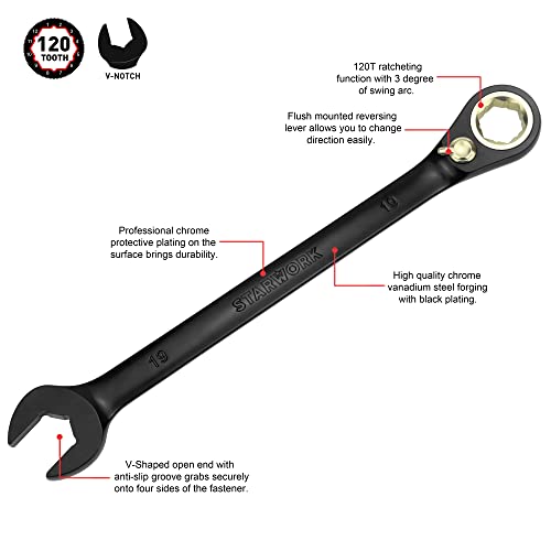 STARWORK TRUE MECHANIC™ 20 Pc. 120-Tooth Reversible Ratcheting Wrench Set, Combination Ratchet Wrench Set, Non-Slip, Long Pattern, 6-Point 15° Offset, Professional, SAE/Metric(5/16-3/4" & 8-19 mm)