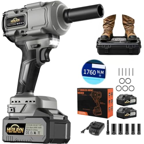 1/2-Inch Cordless Impact Wrench MAX1760N.m Brushless,Dual 4.0Ah Battery - color: Grey
