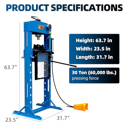 30 Ton Capacity Hydraulic Shop Press, Heavy Duty Pressing,Protective Grid Guard Fully Welded H-Frame, Air & Manual Dual Operation