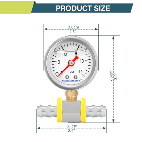 MEASUREMAN 0-15 Psi Glycerin Filled Fuel Pressure Gauge, 1.5” Dial, 304 Stainless Steel Case, 1/8” NPT Lower Mount, with 3/8” Fuel Line Adapter, Copper Tube & Fittings, Red Aluminum Pointer - size: 0-15 psi, style: Lower Mount (7 Pieces Kit)