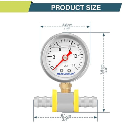 MEASUREMAN 0-15 Psi Glycerin Filled Fuel Pressure Gauge, 1.5” Dial, 304 Stainless Steel Case, 1/8” NPT Lower Mount, with 3/8” Fuel Line Adapter, Copper Tube & Fittings, Red Aluminum Pointer - size: 0-15 psi, style: Lower Mount (7 Pieces Kit)