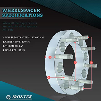 IRONTEK 8x165mm Wheel Spacers 1.5in fits for GMC [Sierra 2500/ C2500], for Chevrolet [Silverado 2500/3500 HD, Express 2500/3500] (130mm Hub Bore, M14x1.5 Studs) 8x6.5 Wheel Spacer Adapters 38mm 4PCS - size: 1.5"|8x165|4PCS