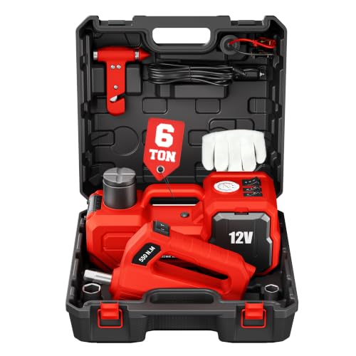6T Electric Car Jack, 12V Portable Hydraulic Jack with Built-in Inflatable Pump, 550N·m Impact Wrench & LED Light, Lifting Height 6.1-17.7 Inch for SUV/Sedan/Truck/MPV Tire Change & Garage Repair - color: Red