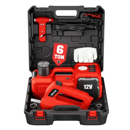 6T Electric Car Jack, 12V Portable Hydraulic Jack with Built-in Inflatable Pump, 550N·m Impact Wrench & LED Light, Lifting Height 6.1-17.7 Inch for SUV/Sedan/Truck/MPV Tire Change & Garage Repair - color: Red
