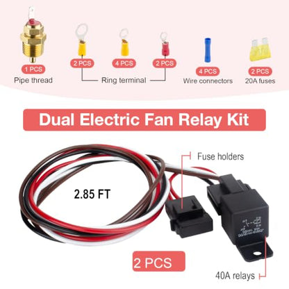 2 PCS Electric Fan Relay Kit, Dual Electric Fan Relay Kit, 185 On 175 Off