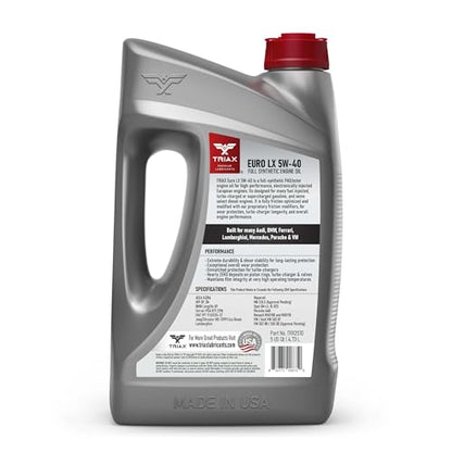 TRIAX Euro LX 5W-40 Full Syn Engine Oil - Compatible with BMW LL01, MB 229.5, 226.5, Audi/VW 502.00, 505.00, MS-12991, Porsche A40 (5 Quart) - size: 5 Quart