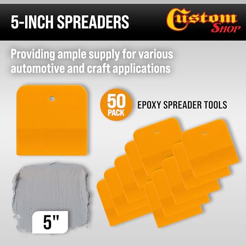 Custom Shop 5 Inch Plastic Body Filler Spreader Tools for Automotive Body Fillers (50 Pack), Putties, Glazes, Epoxy Resin, Caulk, Glues - Plastic Spreader Tool