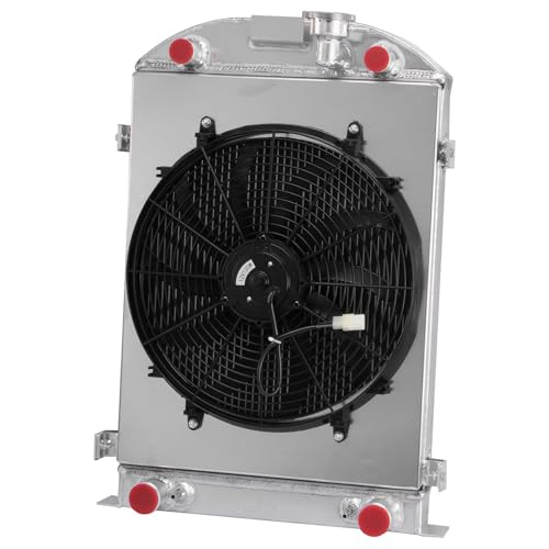 Radiator,4 Row Aluminum Radiator with Shroud Fan for 1930-1931 Ford Model A Base Flathead V8, Automotive Radiator Replacement for 1930 1931