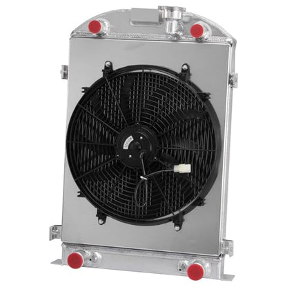 Radiator,4 Row Aluminum Radiator with Shroud Fan for 1930-1931 Ford Model A Base Flathead V8, Automotive Radiator Replacement for 1930 1931