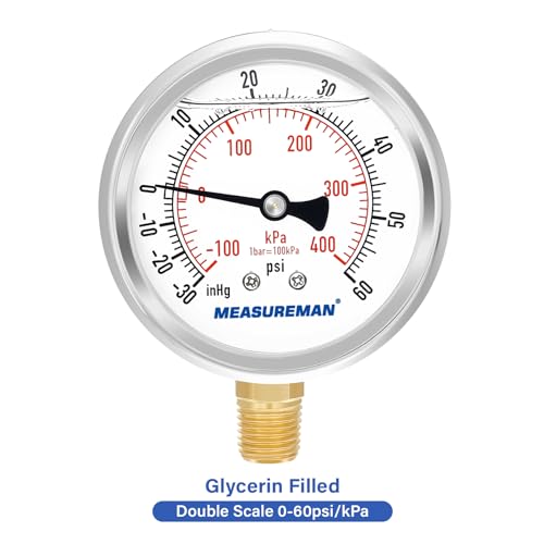 MEASUREMAN 2-1/2" Dial Size, Glycerin Filled Pressure Gauge, 30inHG-60psi, 304 Stainless Steel Case, 1/4" NPT Lower Mount - size: -14.7-60 psi, style: Lower Mount