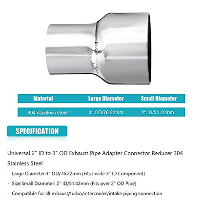 Universal 2" ID to 3" OD Exhaust Pipe Adapter Connector Reducer 304 Stainless Steel - size: 2" ID to 3" OD