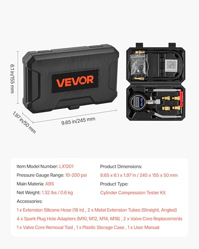 VEVOR Engine Cylinder Compression Tester Kit, Pressure Gauge Range of 10-200 PSI, Compression Tester Kit with 4 Adapters, Straight & Angled Extended Metal Tubes for Automotive Cars and Motorcycles