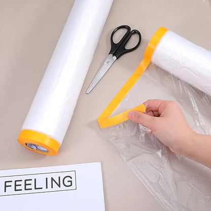 4 Rolls Pre-Taped Masking Film for Painting, 8.8 x 65 Feet Painters Plastic with Tape, Automotive Best Tape and Drape, Plastic Painting Film for Covering Cars, Walls, Windows and Furniture Protection