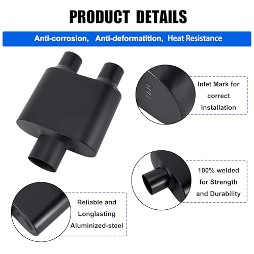Universal Mufflers,Performance Automotive Exhaust Muffler, Single Chamber 3" (ID) center in 2.25" (ID) dual out (Black) - color: Black