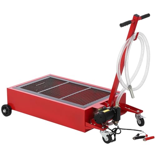Low Profile Oil Drain Pan with Electric Pump, 20 Gallon Portable Oil Drain Cart for Cars, SUVs, Trucks – Foldable Handle, 7.5 Ft Hose & Swivel Casters, Leak-Proof Container, Red