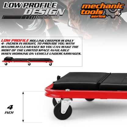 M-AUTO Heavy-Duty Convertible Mechanic Creeper, Z-Creeper 2-in-1 Creeper and Seat 48" Padded Adjustable Headrest Roller Garage Chair with 7 Swivel Casters for Washing, Detailing, Maintenance, Red - color: Red, size: 48"