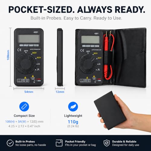 AIOMEST Digital Multimeter,Pocket Voltmeter Ohmmeter Measuring AC&DC Voltage Resistance Continuity Buzzer Diode Test, Auto Ranging Card Volt Ohm Tester DMM AI-4201