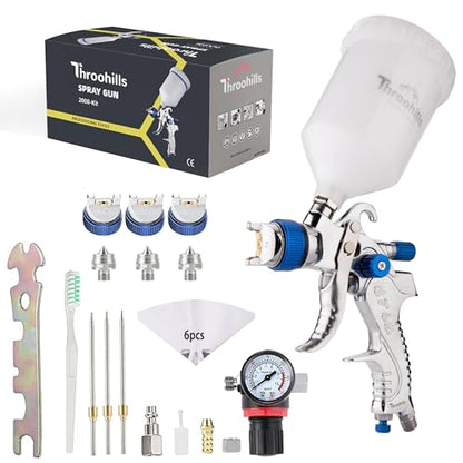 Professional HVLP Spray Gun, 1.4/1.7/2.0mm Nozzle HVLP High Atomization Flow Adjustable Pneumatic Gravity Spray Gun with 600cc Cup & Gauge for Paint Touch-Up(Blue) - color: X-2008-1.4 set-blue