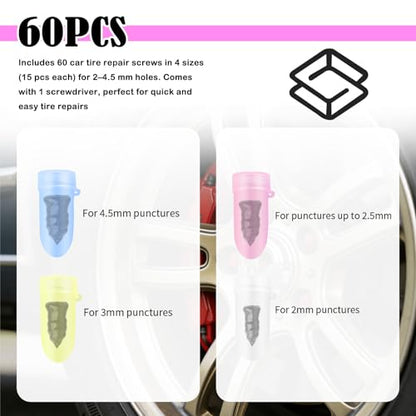 2026 Upgraded 60PCS Screw in Tire Plugs,Self-Service Tire Plugs Kit with Screwdriver for Emergency Tires Repair,Universal Tires Repair Rubber Nail Kit Car Accessories