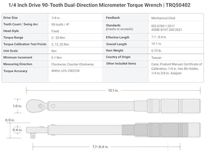 TEKTON 1/4 Inch Drive 90-Tooth Dual-Direction Micrometer Torque Wrench with Case (2-20 Nm) | TRQ50502 - size: 1/4 in.