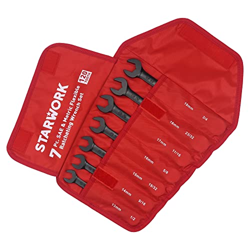 STARWORK TRUE MECHANIC™ 7-Piece 2-in-1 Flex-Head Ratcheting Wrench Set with Rolling Pouch, 120-Tooth, SAE&Metric - size: 7-Piece 120-Tooth Flex-Head