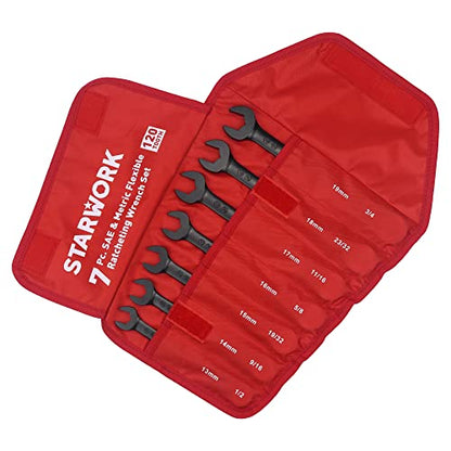 STARWORK TRUE MECHANIC™ 7-Piece 2-in-1 Flex-Head Ratcheting Wrench Set with Rolling Pouch, 120-Tooth, SAE&Metric - size: 7-Piece 120-Tooth Flex-Head