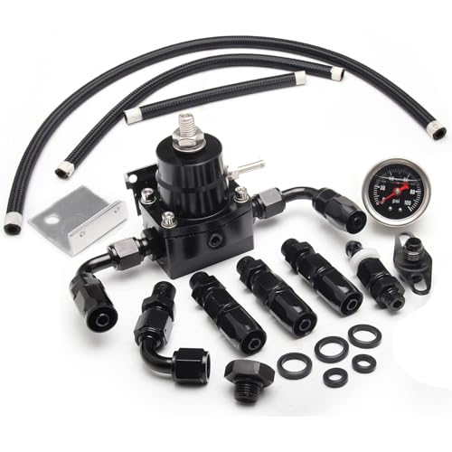 EFI Fuel Pressure Regulator Kit 0-100psi with Gauge 6AN Fuel Line Fitting Universal Adjustable Aluminum (Black) - color: black