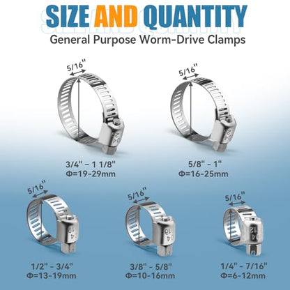 15PCS 1/4'' to 7/16'' Hose Clamps, 304 Stainless Worm Gear Clamps - size: 6-12mm(15Pcs)