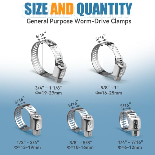 15PCS 1/4'' to 7/16'' Hose Clamps, 304 Stainless Worm Gear Clamps - size: 6-12mm(15Pcs)