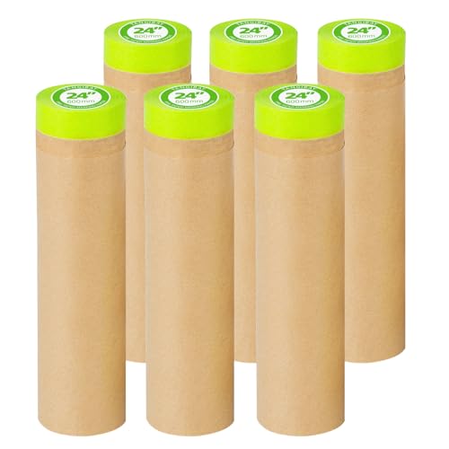 Tangibay Pre-Taped Masking Paper for Painting - 24 inch x 50 feet Tape and Drape Painters Paper, Paint Adhesive Protective Paper Roll for Covering Skirting, Frames, Cars and Auto Body (6 Rolls) - size: 6 Rolls: 24"