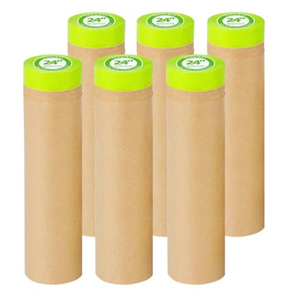 Tangibay Pre-Taped Masking Paper for Painting - 24 inch x 50 feet Tape and Drape Painters Paper, Paint Adhesive Protective Paper Roll for Covering Skirting, Frames, Cars and Auto Body (6 Rolls) - size: 6 Rolls: 24"