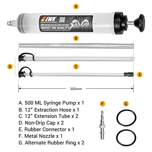 EWK 500cc Fluid Extractor Syringe with Hose, Manual Oil Suction Pump for Transmission, Differential, Power Steering, and Brake Fluid - size: 500 ML