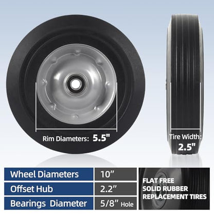 AR-PRO (2-Pack) 10" x 2.5" Flat Free Solid Rubber Replacement Tires - Flat-Free Tire and Wheel for Hand Trucks and Wheelbarrows with 5/8" Axles - size: 10"x2.5