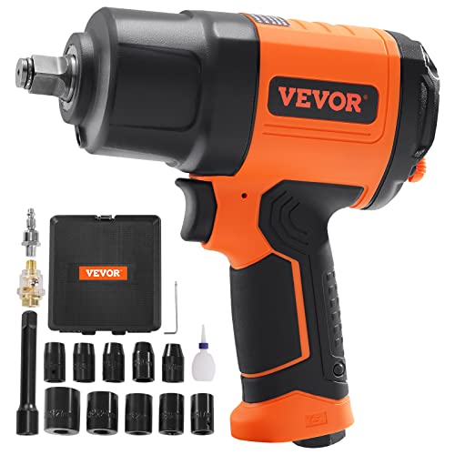VEVOR 1/2-Inch Air Impact Wrench - High Torque 1400 ft-lbs - Lightweight 4.6 lb - Includes 11-Piece CR-V Steel Impact Socket Set & Carrying Case - size: 7*7.3inches