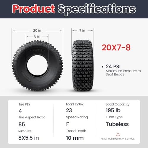 PROPARTS ATV UTV Tires 20x7-8 20x7x8 All-Terrain Trail, Mud, and Sand, 4-Ply, Set of 2, Tubeless - size: 20x7-8
