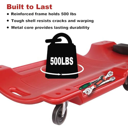 Mechanic Creeper 40 Inch - Heavy Duty 500 lbs Low Profile - Rolling Car Creeper with Padded Headrest, Dual Tool Trays, 6 Swivel Casters - Under Car Automotive Garage Creeper for Auto Repair, Red