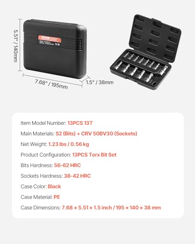 VEVOR Torx Bit Socket Set, 13-Piece Star T8 - T60 Set, S2 Alloy Steel and Cr-V Steel, 1/4 in, 3/8 in, and 1/2 in Drives, with Enhanced Storage Case, Torx Sockets for Hand Use, Mechanics, Auto Repair - size: 13 PCS